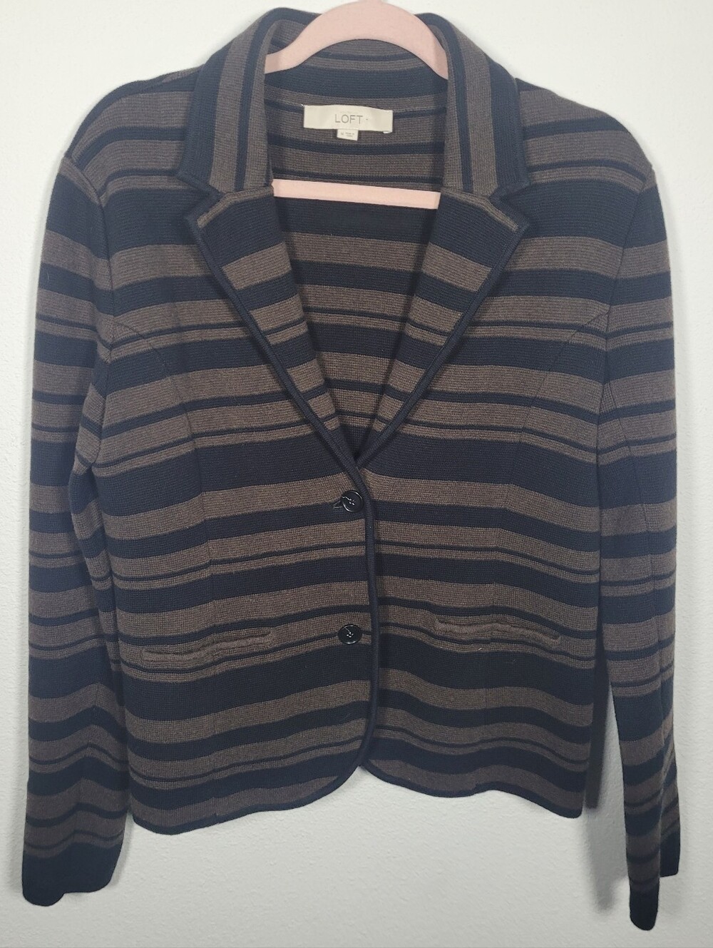 Ann Taylor LOFT Striped Knit Blazer Jacket Size Medium Brown Black 100% Cotton